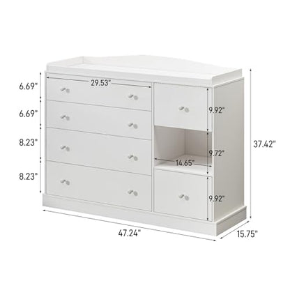 Kids Dresser Cabinet with 6 Drawers and Changing Table - Nursery Furniture, White