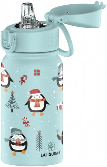 Skiennix Kids Stainless Steel Water Bottle - 12 oz Insulated Thermos with Straw Lid | Leakproof & BPA-Free (Light Blue Arctic Pals)