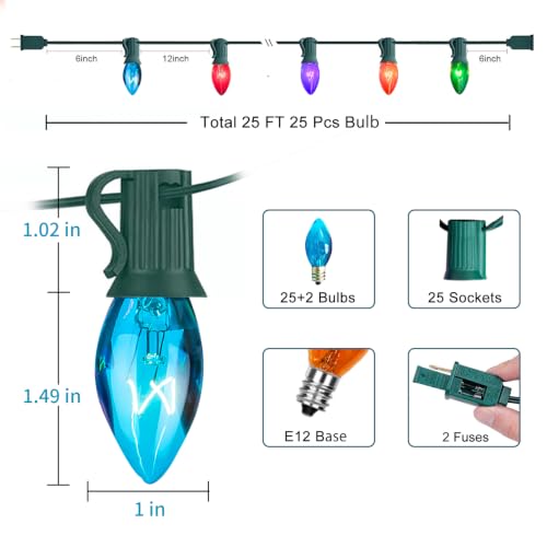 C7 Outdoor Christmas String Lights - 25Ft Multicolor Incandescent