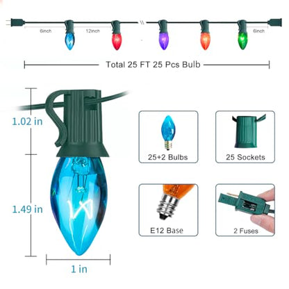 C7 Outdoor Christmas String Lights - 25Ft Multicolor Incandescent