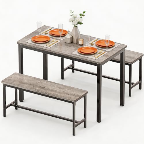 Dining Table Set for 4 with 2 Benches - Space-Saving Modern Kitchen Grey