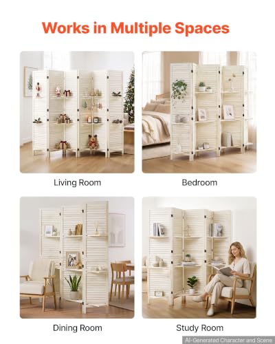 Wood Room Divider 6 Panels Folding Privacy Screen with Shelves - VEVOR, White Variation