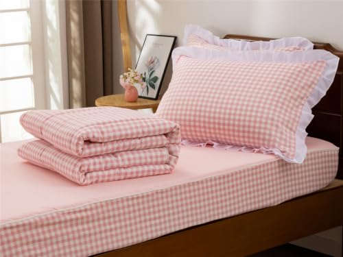Pink Gingham Zipper Bedding Set for Twin Kids Bed - Blush Pink