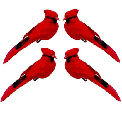 4pcs Red Bird Ornaments Artificial Cardinal Birds for Christmas Tree & Yard Decor - Clip Birds for Wreaths & Patio