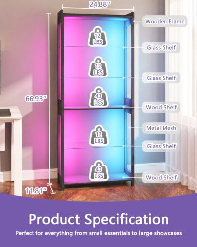 67-Inch Black Display Case with Glass Shelves, RGB Lighting & Motion Sensor