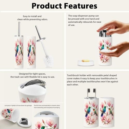 Bathroom Accessory Set 6PCS Hummingbirds Flowering Branch Magnolia - Multi2