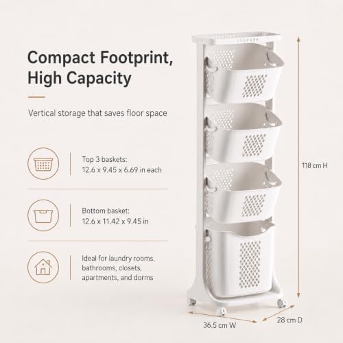 4 Tier Laundry Basket Organizer - Vertical Laundry Hamper with Wheels - C