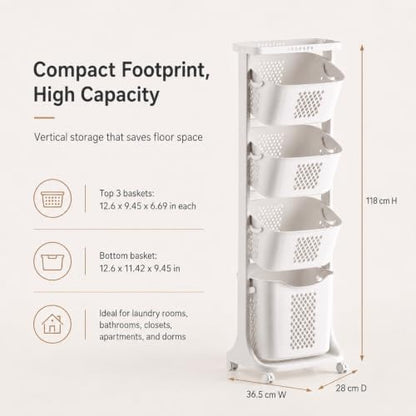 4 Tier Laundry Basket Organizer - Vertical Laundry Hamper with Wheels - C