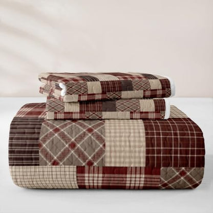 Burgundy Brown Patchwork Quilted Bedspread Set - Full Size