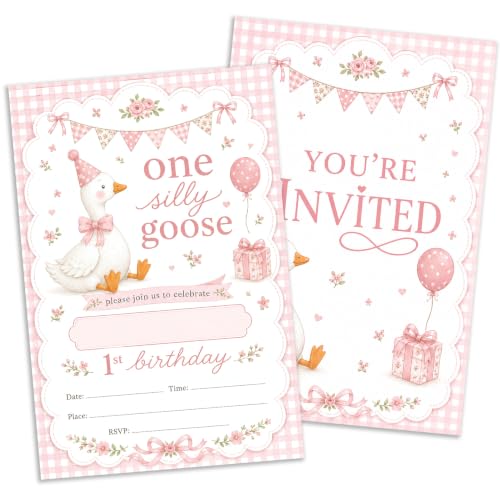 Pink Goose 1st Birthday Invitations - Silly Goose Theme, 20 Pack, 4x6 Inches, Pink Variation