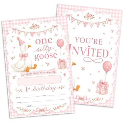 Pink Goose 1st Birthday Invitations - Silly Goose Theme, 20 Pack, 4x6 Inches, Pink Variation