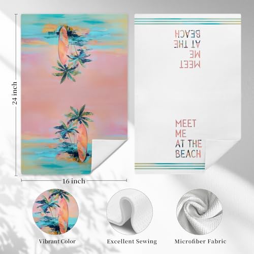 Wardos Coastal-C Boho Beach Kitchen Towels Set of 2 - Tropical Palm & Surfboard Design