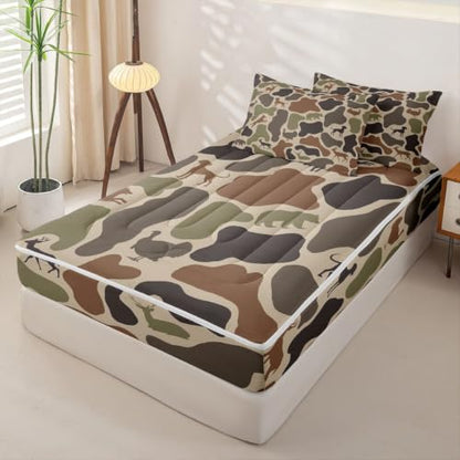 Kids Deer Bear Zipper Bedding Set - Twin Camo Brown, 4-Piece