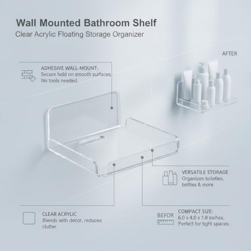 Clear Acrylic Wall Shelf - 6 x 4 Inches, Floating Wall Organizer