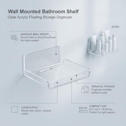 Clear Acrylic Wall Shelf - 6 x 4 Inches, Floating Wall Organizer