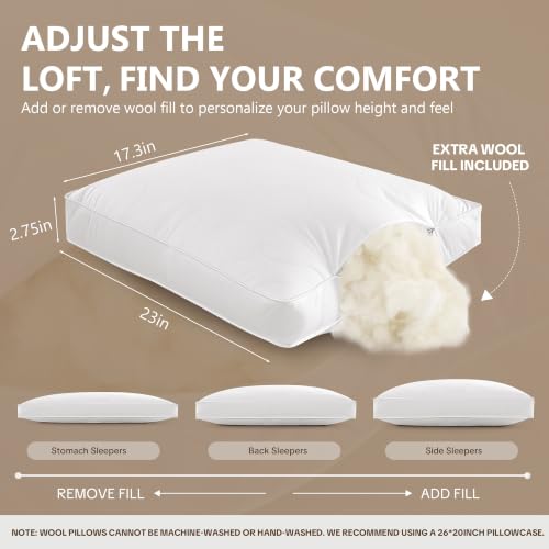 Natural Wool Pillow with Cotton Cover - Adjustable Support for Comfortable Sleep