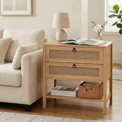 KOMFOTT Rattan Nightstand Set of 2 – Natural 27" x 16" x 25.5" with 2 Drawers