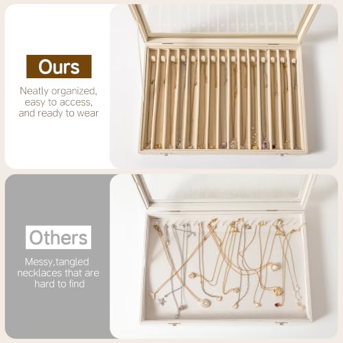 Beige Necklace Organizer with 15 Hooks Velvet Lid Jewelry Holder