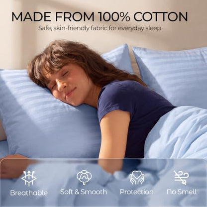 Queen Size Cotton Pillow Protectors 600TC Set of 2 Blue OEKO-TEX Certified