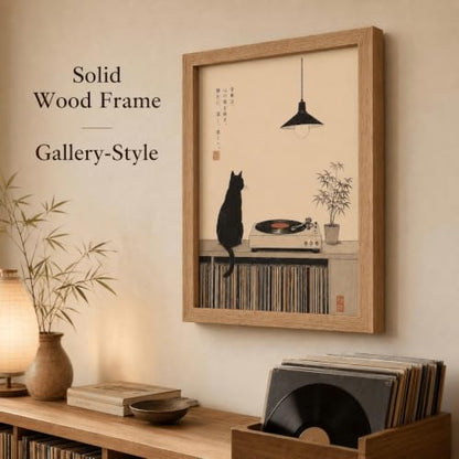 Japanese Cat Record Player Wall Art - Framed 10x8 Inches, Minimalist Music Decor