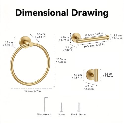 4-Piece Bathroom Towel Holder Set with Robe Hooks - Brushed Gold, Wall-Mounted