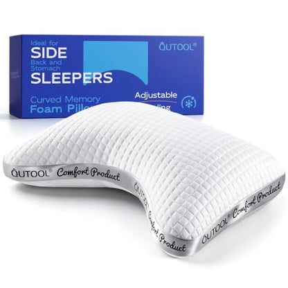QUTOOL Cooling Crescent Side Sleeper Pillow - White, Standard Size, Adjustable Loft