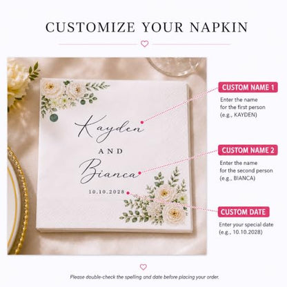 Personalized Wedding Cocktail Napkins PN1 - Wildflower Floral Custom Bridesmaid Beverage Papers, 4.8" & 6.5", Pack 50-1000