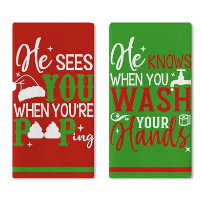 Christmas Bathroom Dish Towels Set of 2 - Funny Holiday Kitchen Decor