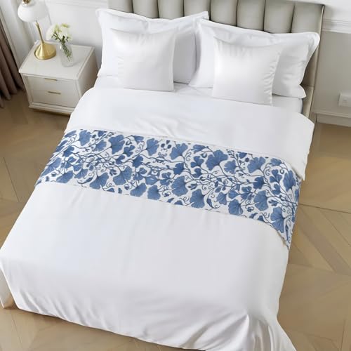 Blue Ginkgo Leaf Bed Runner Cal King Size Farmhouse Botanical Table & Bed Decor - 102x20