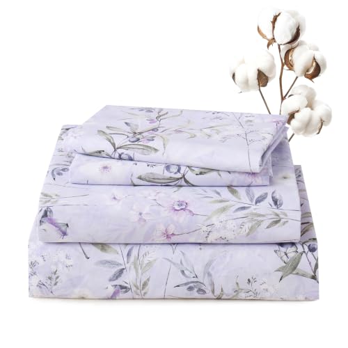 Light Purple Floral Queen Cotton Sheet Set - 4 Piece Percale Bedding