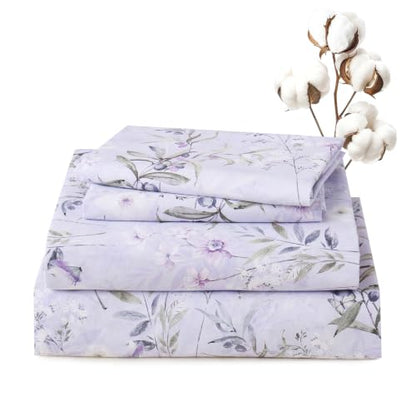 Light Purple Floral Queen Cotton Sheet Set - 4 Piece Percale Bedding