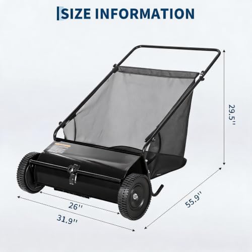 26-Inch Push Lawn Sweeper Leaf & Grass Collector Black with Stepless Height Adjustment