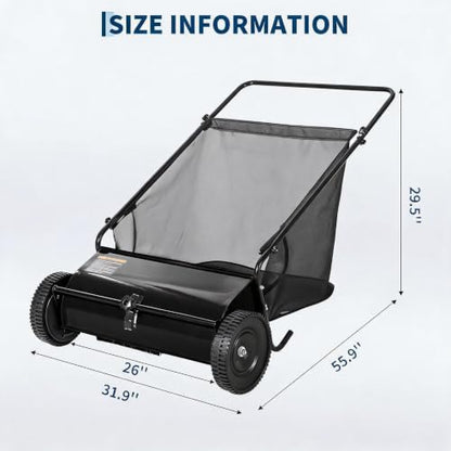 26-Inch Push Lawn Sweeper Leaf & Grass Collector Black with Stepless Height Adjustment