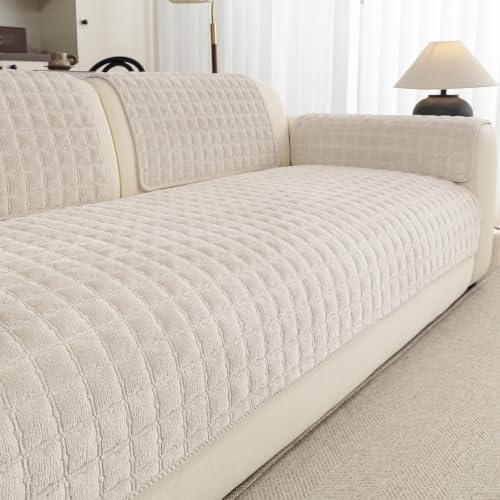 Beige White Sectional Sofa Cover for Pets - 35x94 Inch, Quilted Non-Slip Design