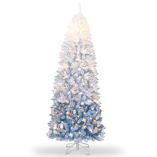 6 Ft Prelit Artificial Christmas Tree with RGB & Warm White Lights - Snow Flocked, Blue Gradient - Foldable Base