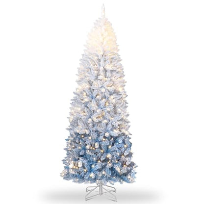 6 Ft Prelit Artificial Christmas Tree with RGB & Warm White Lights - Snow Flocked, Blue Gradient - Foldable Base