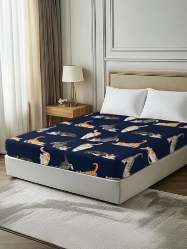 Twin XL Flat Sheet - Cartoon Cats Microfiber Bed Sheets in Yellow Cream Brown Variation