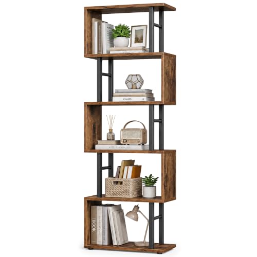 VASAGLE Rustic Brown 6-Tier S-Shaped Tall Book Shelf - 15" Wide Book Organizer