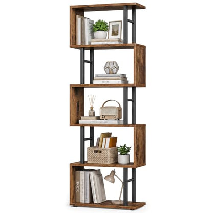 VASAGLE Rustic Brown 6-Tier S-Shaped Tall Book Shelf - 15" Wide Book Organizer