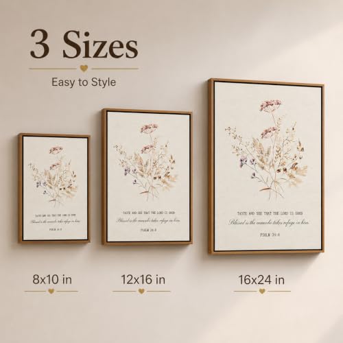 Psalm 34:8 Bible Verse Wall Art Framed Canvas Decor 24x16 Inches - Floral Scripture