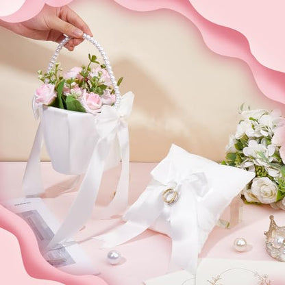 Wedding Flower Girl Baskets & Ring Bearer Pillows Set - Satin & Pearl Handle