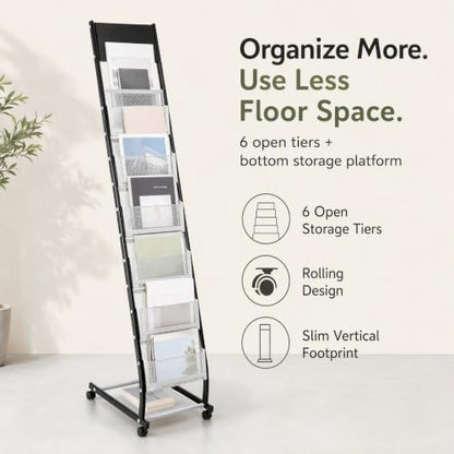 6-Tier Metal Magazine Rack with Lockable Wheels - Heavy Duty Floor Book Organizer