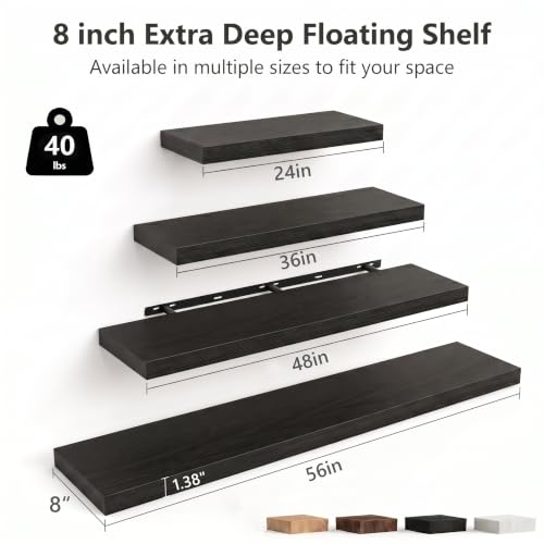 24 Inch Deep Floating Wall Shelves Set of 2 Black Wood Grain