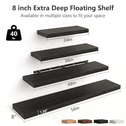 24 Inch Deep Floating Wall Shelves Set of 2 Black Wood Grain