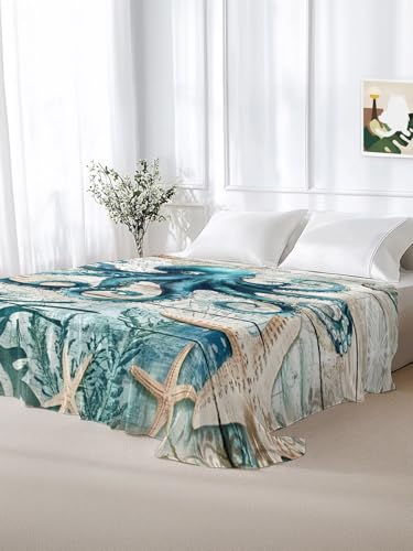 Turquoise King Size Flat Sheet Ocean Nautical Bedding Microfiber Breathable
