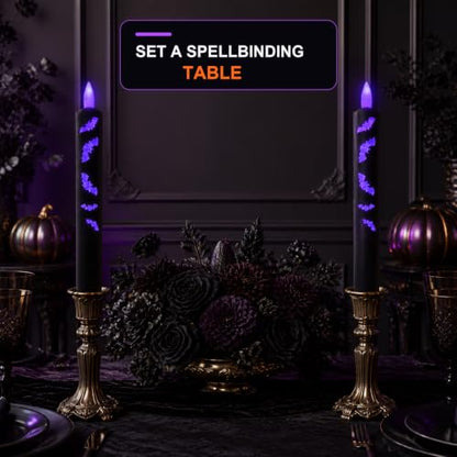 Halloween Flameless Taper Candles with Remote & Timer - Black, 9.8 Inch - Set of 2