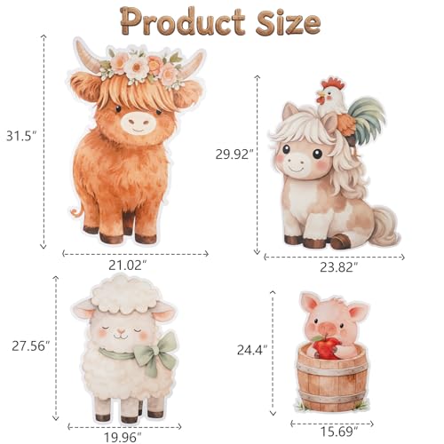 Farm Animal Cutouts Set - Highland Cow, Pony, Lamb & Pig for Barnyard Party Decorations - Variation of Farm Animal