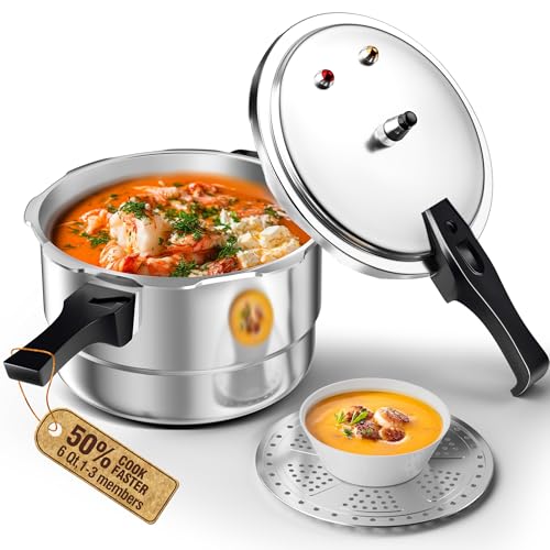 WantJoin 6 Qt Aluminum Pressure Cooker - Gas & Induction Compatible with Removable Steaming Rack