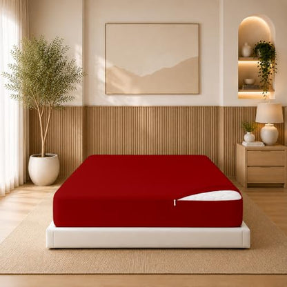 VyAura HOME Burgundy Queen Zip Fitted Sheet - 600TC Cotton Deep Pocket