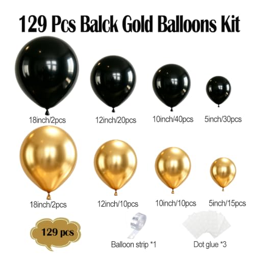 Black and Gold Balloon Arch Kit for Party Decorations, 129 Pcs